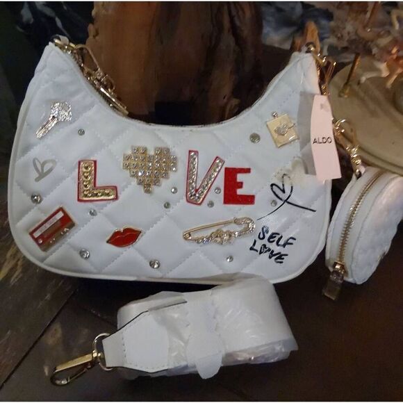 NWT~ALDO Amberly Love Embellished Whiite Crossbody Bag Purse - Picture 3 of 8